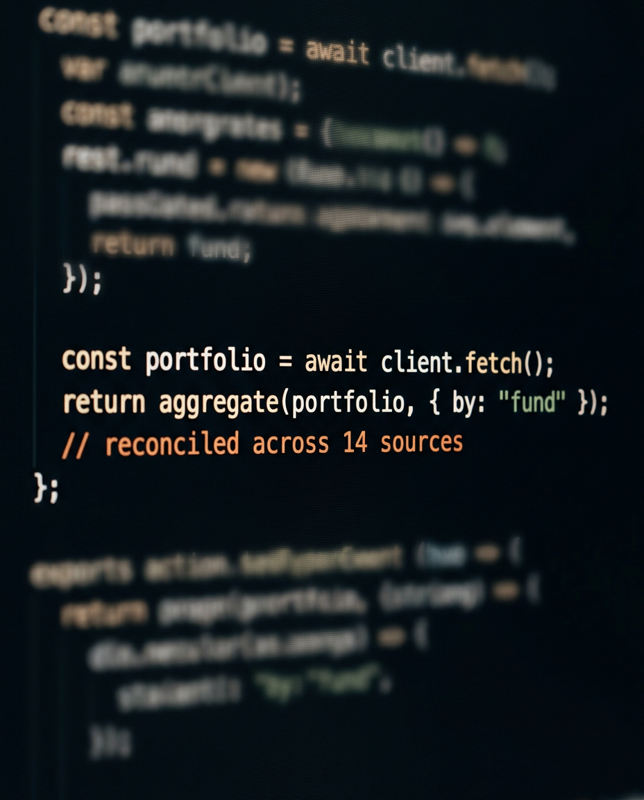 Macro photograph of code reconciling portfolio data across sources