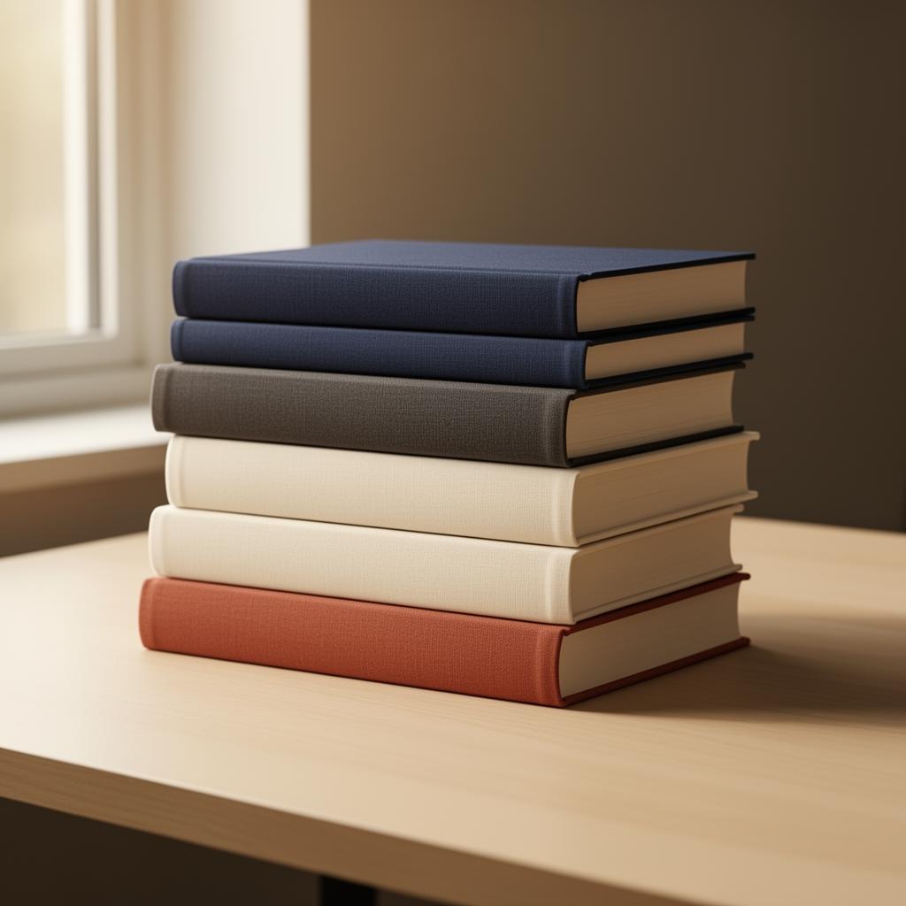 A stack of cloth-bound books on a desk by a window